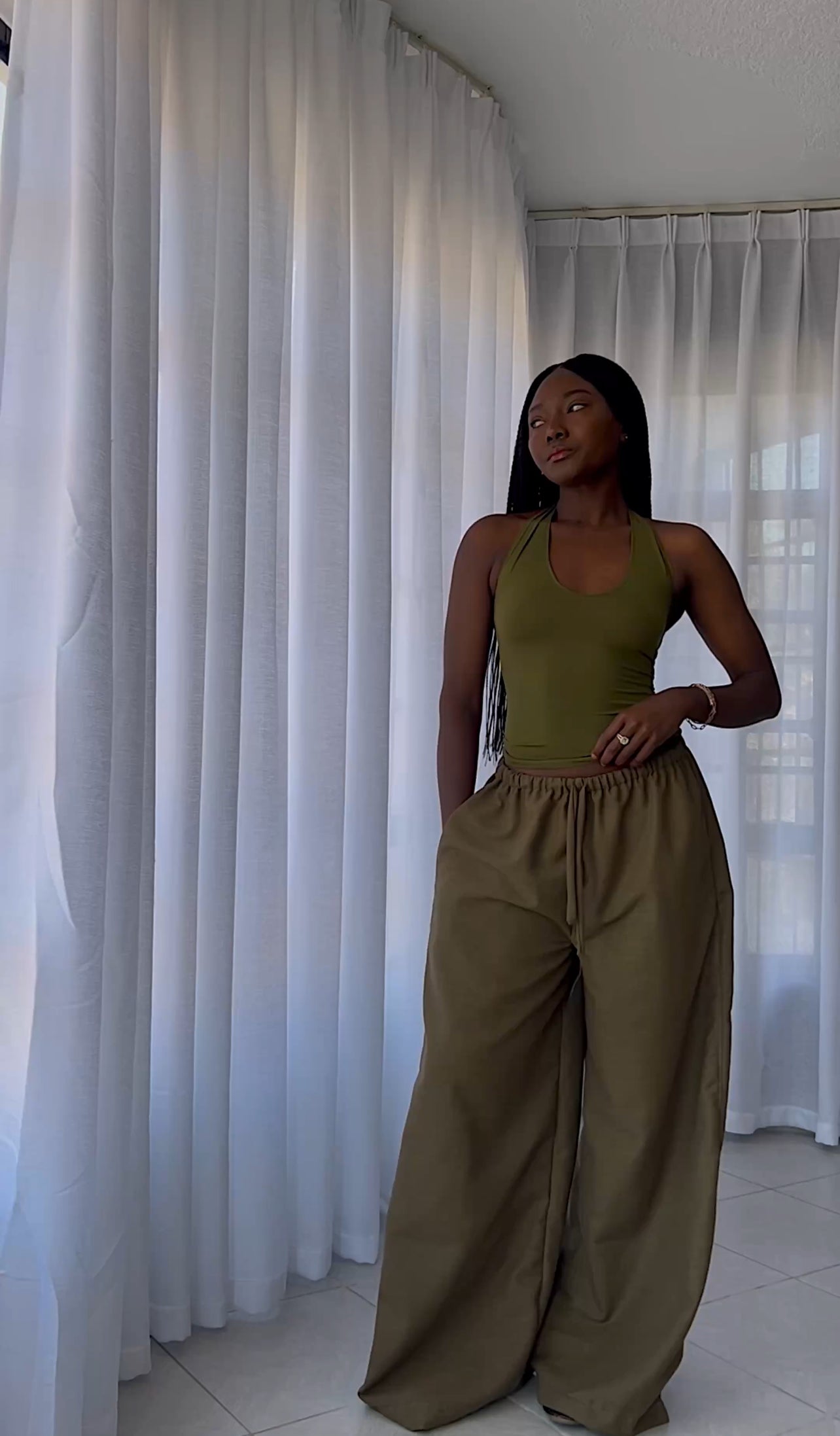 Green Isla Linen Pants -Drawstring