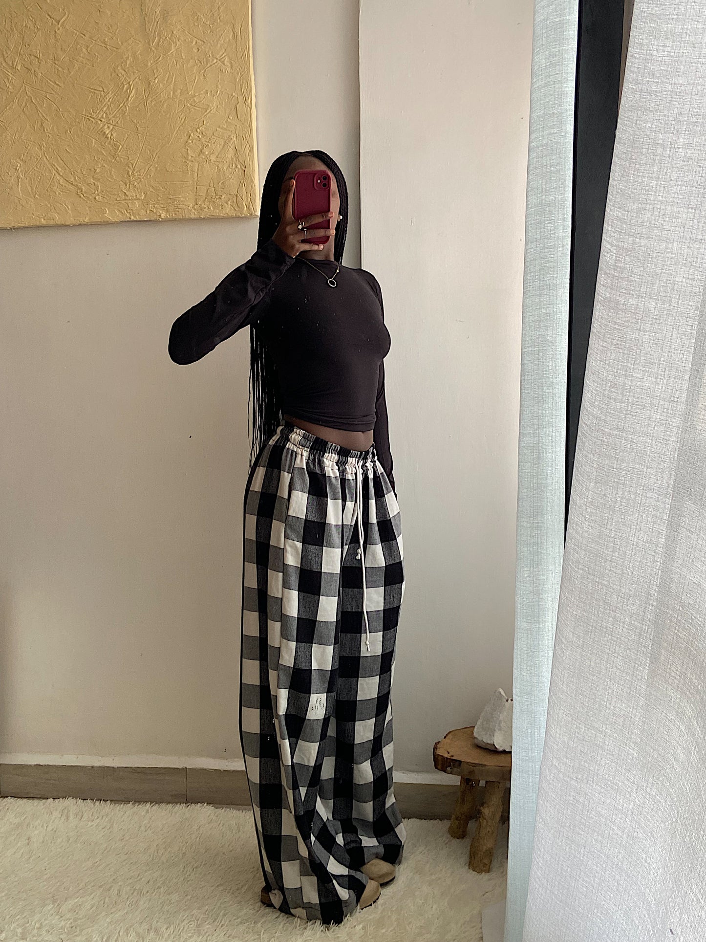 Monochrome Plaid Wide-Leg Pants