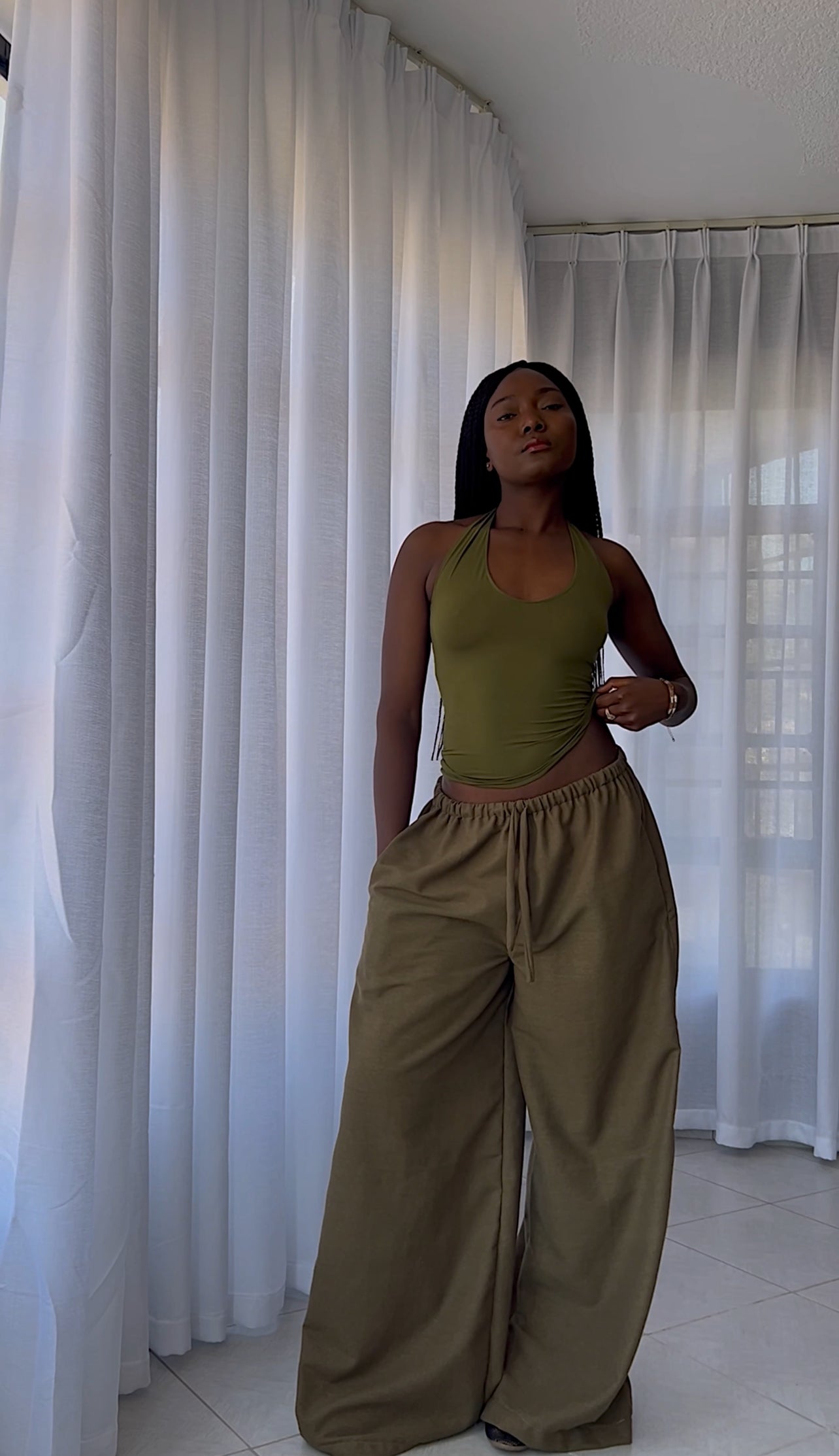 Green Isla Linen Pants -Drawstring