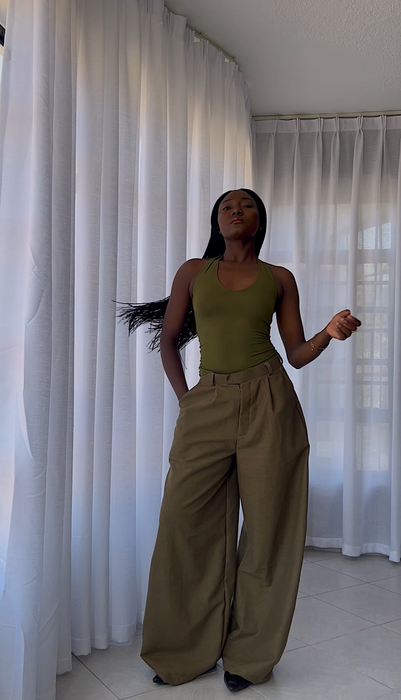 Green Isla Linen Pants (structured)