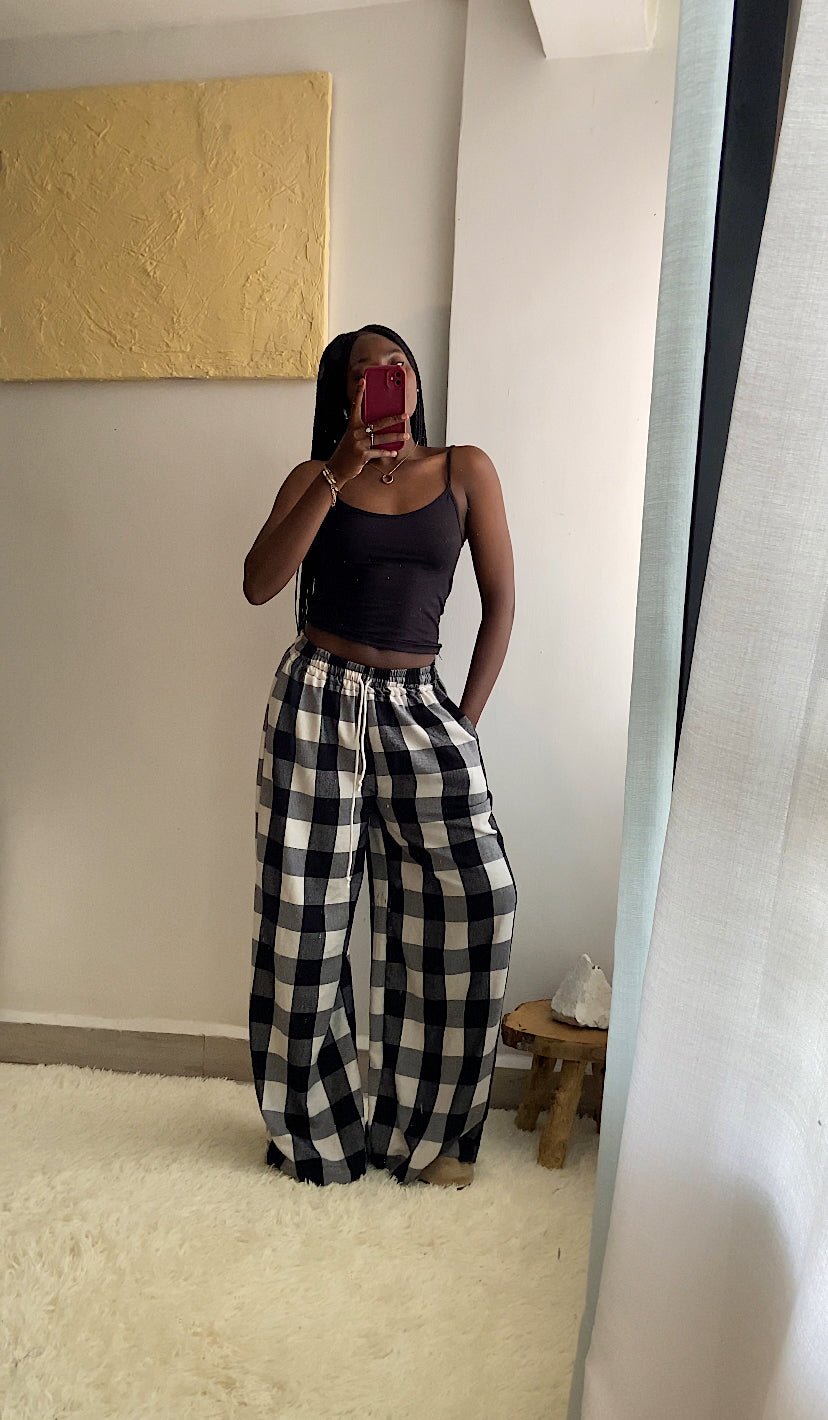 Monochrome Plaid Wide-Leg Pants